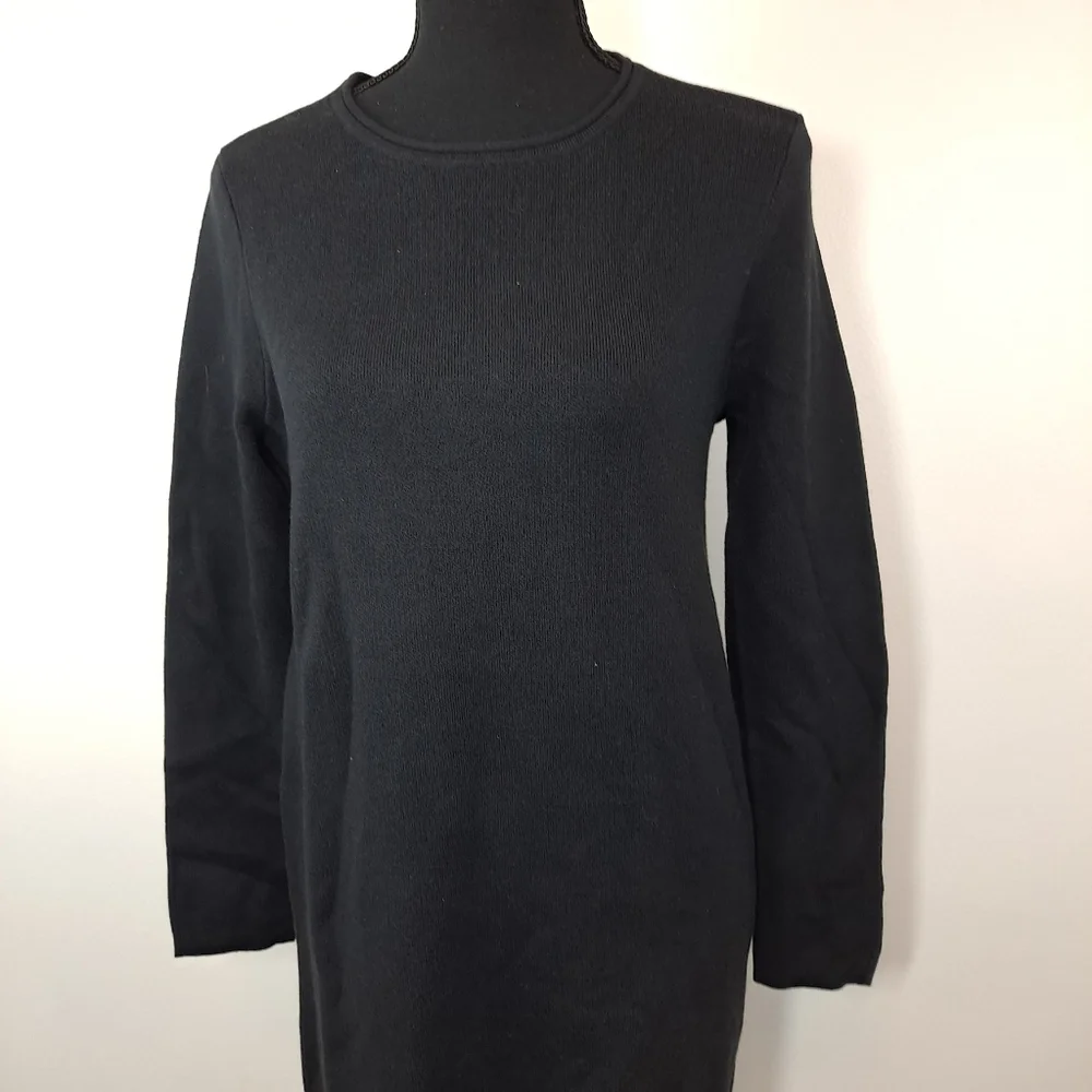 Lands End Cotton Blend Solid Black Long Sleeve Crewneck Sweater Dress - Picture 2 of 6